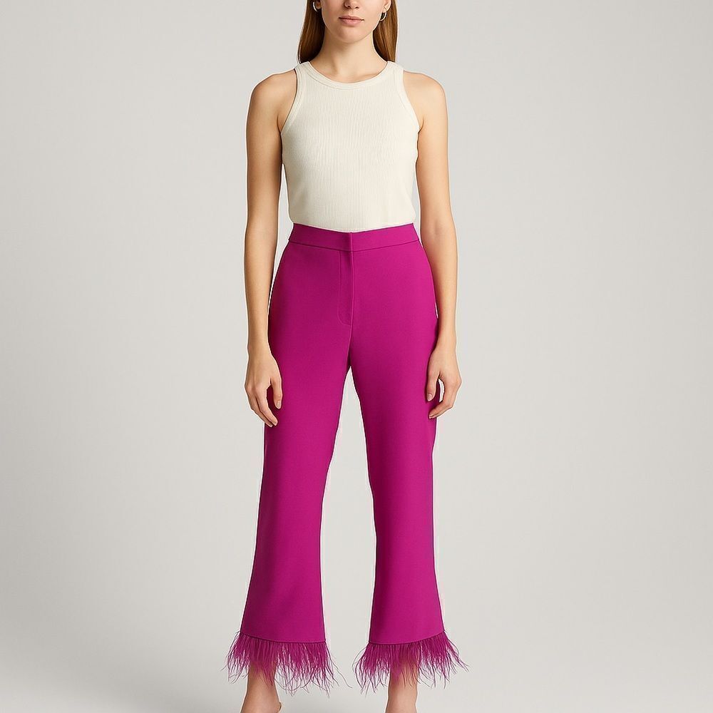 Revolve Wayf Chic Pink Magenta Fuscia Ostrich Feather Trim Pants
